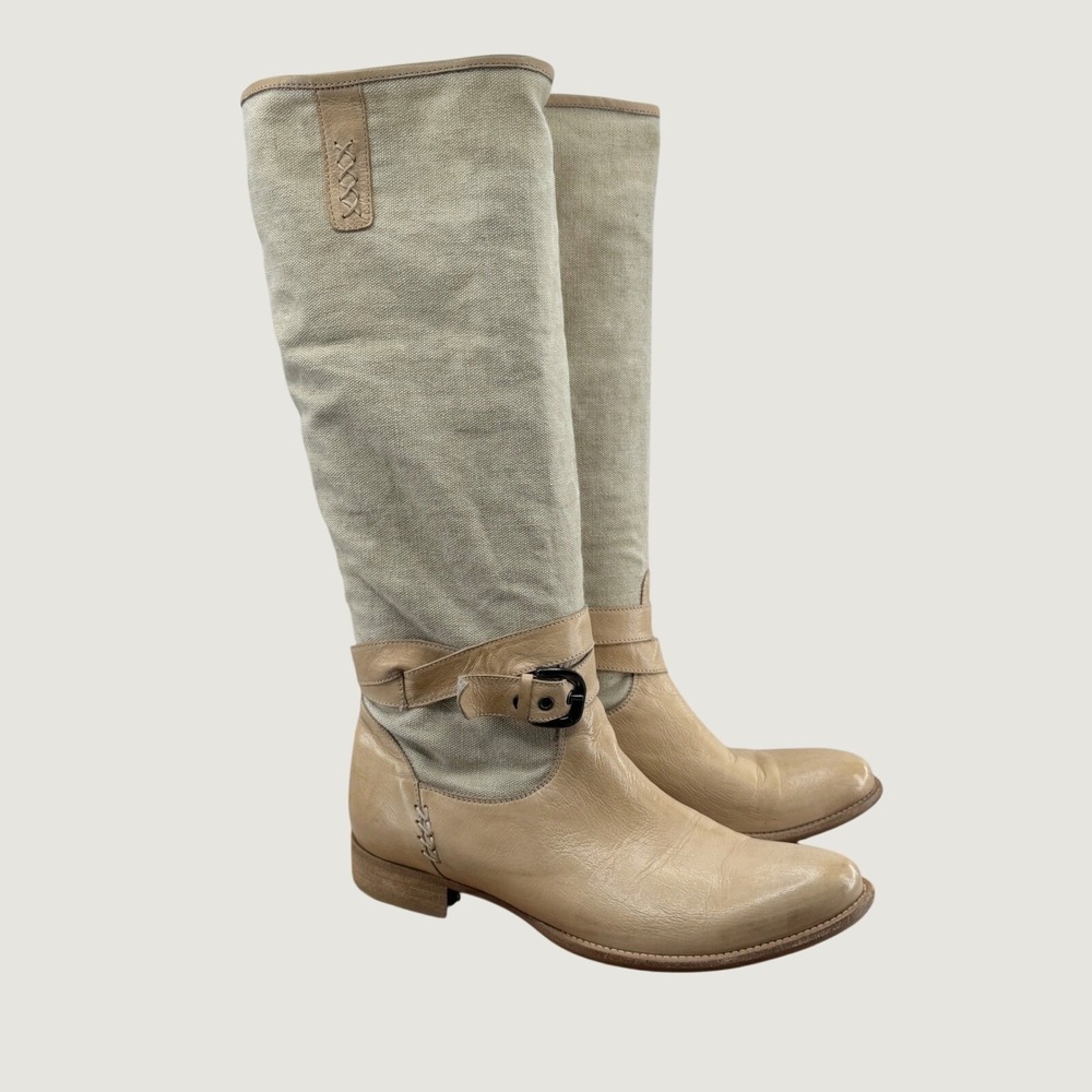 Gino Rossi Tall Leather Canvas Riding Boots 37 6 6.5 Tan Equestrian Buckle Boho‎